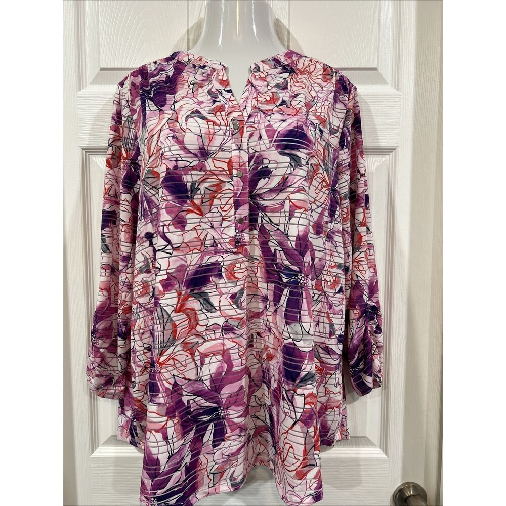 Emily Daniels Plus Size 2X Floral Tunic Stretch Lightweight Blouse Pink Purple